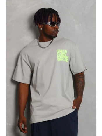 Unisex Oversize Baskılı Bisiklet Yaka T-Shirt - Gri