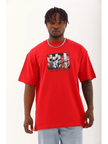 Unisex Oversize Baskılı Bisiklet Yaka T-Shirt - Kırmızı