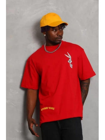 Unisex Oversize Baskılı Bisiklet Yaka T-Shirt - Kırmızı