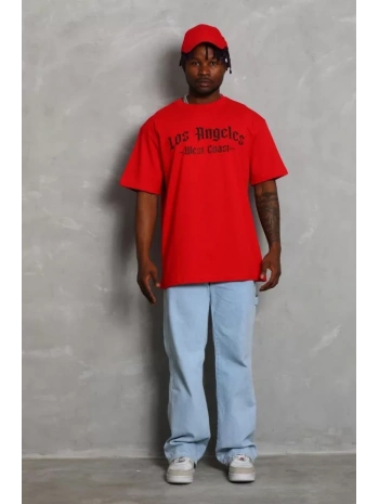 Unisex Oversize Baskılı Bisiklet Yaka T-Shirt - Kırmızı