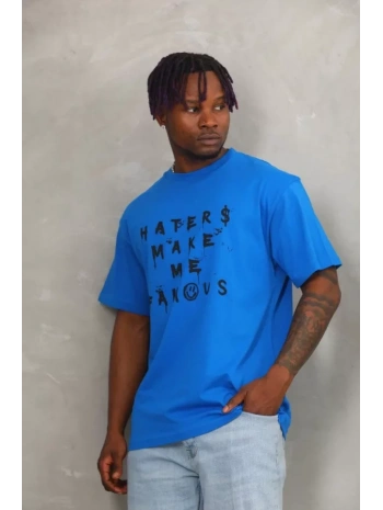 Unisex Oversize Baskılı Bisiklet Yaka T-Shirt - Mavi