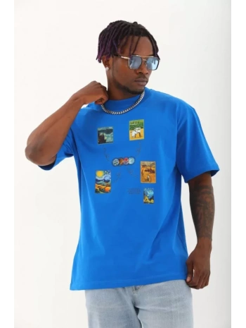 Unisex Oversize Baskılı Bisiklet Yaka T-Shirt - Mavi