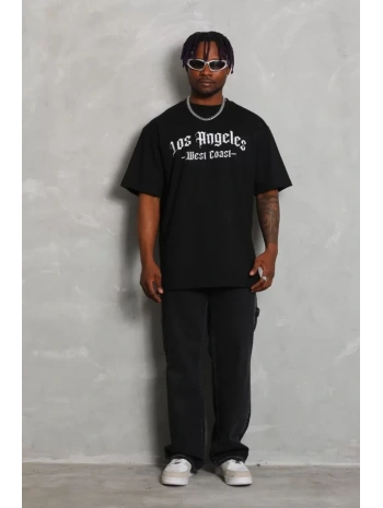 Unisex Oversize Baskılı Bisiklet Yaka T-Shirt - Siyah