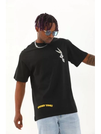 Unisex Oversize Baskılı Bisiklet Yaka T-Shirt - Siyah