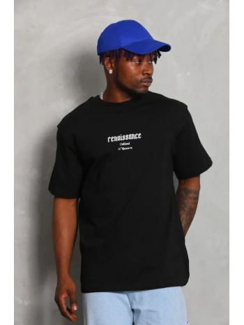 Unisex Oversize Baskılı Bisiklet Yaka T-Shirt - Siyah