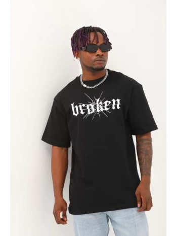 Unisex Oversize Baskılı Bisiklet Yaka T-Shirt - Siyah