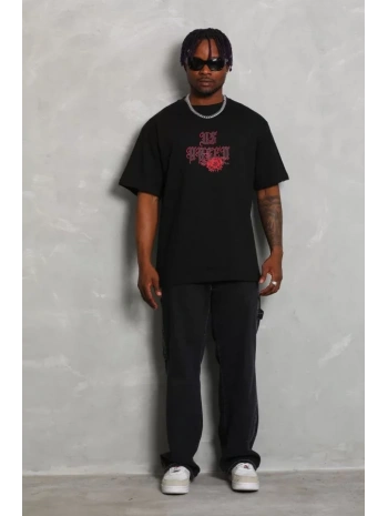 Unisex Oversize Baskılı Bisiklet Yaka T-Shirt - Siyah