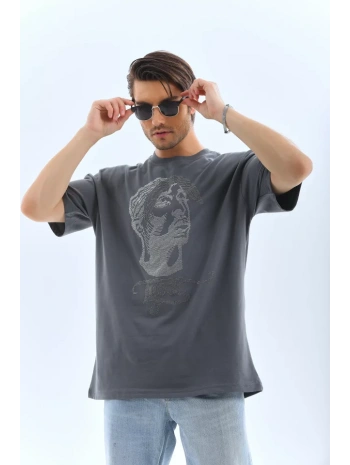 Unisex Oversize Taşlı Bisiklet Yaka T-Shirt - Füme