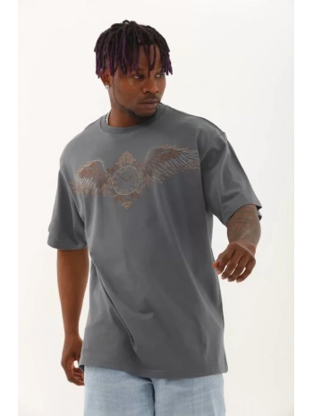 Unisex Oversize Taşlı Bisiklet Yaka T-Shirt - Füme