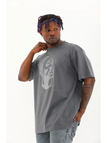 Unisex Oversize Taşlı Bisiklet Yaka T-Shirt - Füme