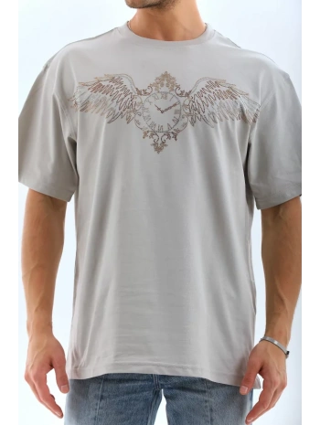 Unisex Oversize Taşlı Bisiklet Yaka T-Shirt - Gri