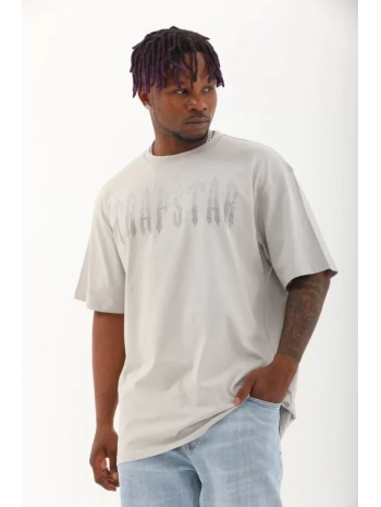 Unisex Oversize Taşlı Bisiklet Yaka T-Shirt - Gri