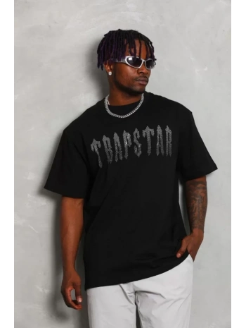 Unisex Oversize Taşlı Bisiklet Yaka T-Shirt - Siyah