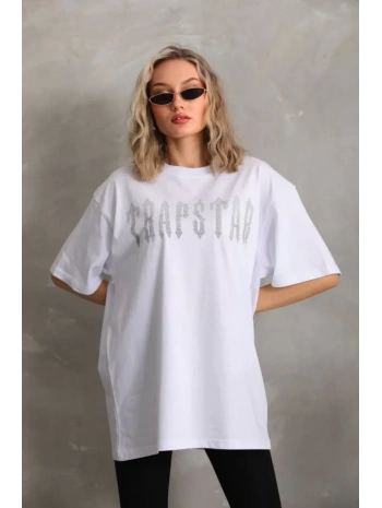 Unisex Taş Desenli Oversize T-Shirt - Beyaz
