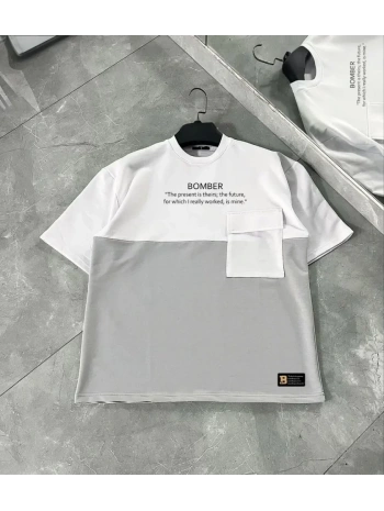 Unisex Torba Cep Detaylı  Parçalı T-Shirt - Gri