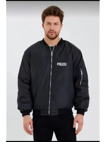 Unisex Uzun Kol Baskılı Bomber Ceket - Siyah