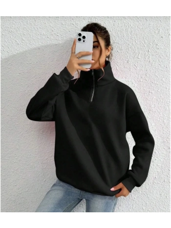 Unisex Uzun Kol Yarım Farmuarlı Yakalı Basic SweatShirt - Siyah