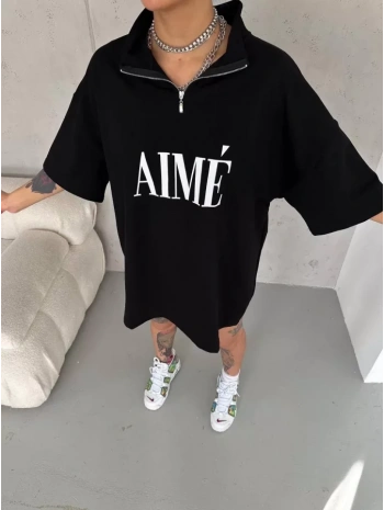 Unisex Yarım Fermuarlı Baskılı T-Shirt - Siyah