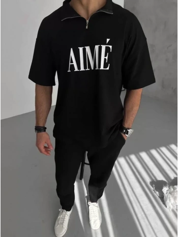 Unisex Yarım Fermuarlı Baskılı T-Shirt - Siyah