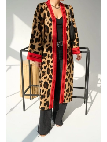 Uzun Leopar Hırka - Camel-Kırmızı