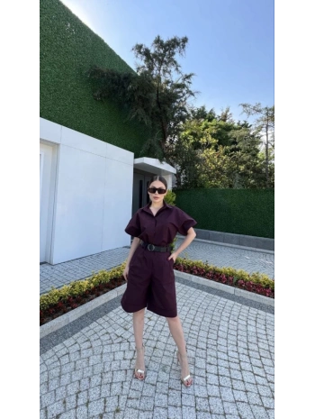 Yakalı Gömlek Kemerli Şortlu Takım - Bordo