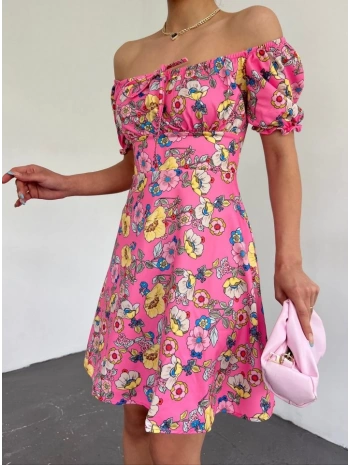 Yakası Lastikli Bağcık Detaylı Mini Elbise -Pembe