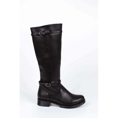 Kadın Siyah Suni Deri Cilt Çizme Uzun Çizme Çift Toka Detaylı Çizme