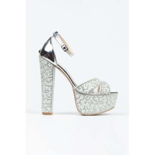 Kadın Gümüş İnci Taşlı Yüksek Platform Arkası Kapalı Kalın Topuklu Rahat ve Şık Abiye Ayakkabı