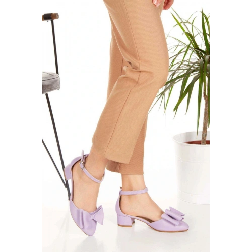 Kadın Lila (MOR) Suni Deri Cilt 3 Cm Kısa Kalın Topuklu Şık Fiyonk Detaylı Stiletto Rahat Ve Günlük