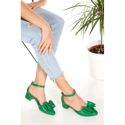 Kadın Koyu Yeşil (ZÜMRÜT) Suni Deri Cilt 3 Cm Kısa Kalın Topuklu Şık Fiyonk Detaylı Rahat Stiletto