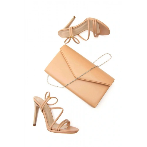 Kadın Nude Suni Deri Cilt Bilekten Ayarlamalı Ince Topuklu Platformlu Ayakkabı Ve Şık Çanta Kombini