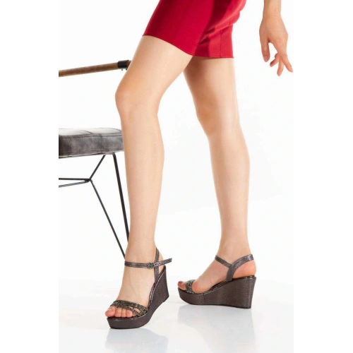 Kadın Platin ( Antrasit ) Sultan Parlak Damla Taşlı Dolgu Topuklu Rahat Şık Ayakkabı