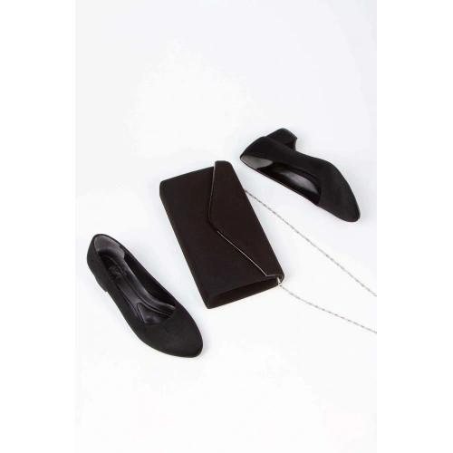 Kadın Siyah Süet Kısa Kalın Topuklu Şık Stiletto Ve Çanta Kombini