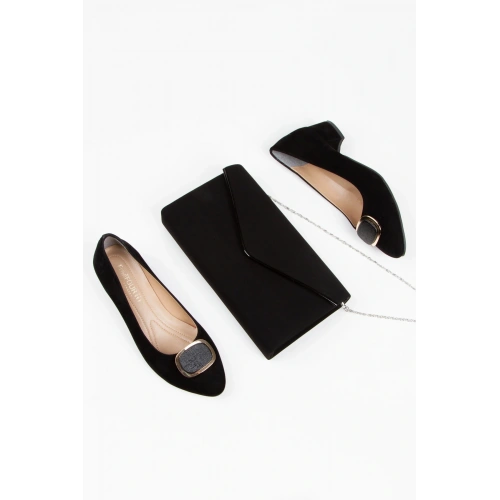 Kadın Siyah Süet 3 Cm Kısa Kalın Topuklu Şık Toka Detaylı Rahat Stiletto Ve Çanta Kombini