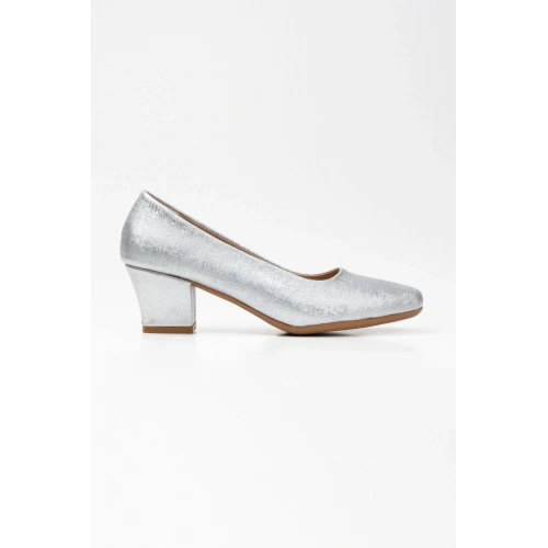 Kadın Gümüş Suni Deri 5 Cm Kısa Kalın Topuklu Rahat Stiletto