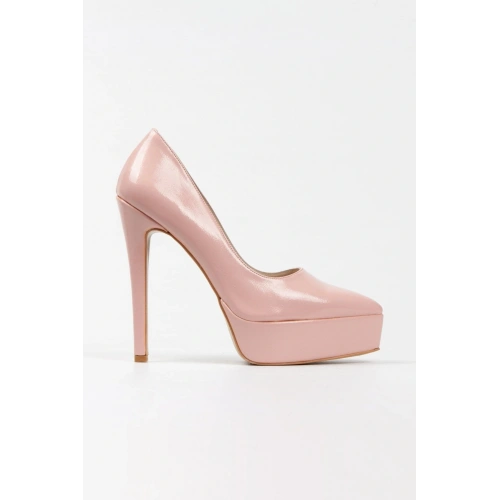 Kadın Pudra Rugan Yüksek Platform  Kapalı  Burunlu  İnce Topuklu Rahat ve Şık Ayakkabı