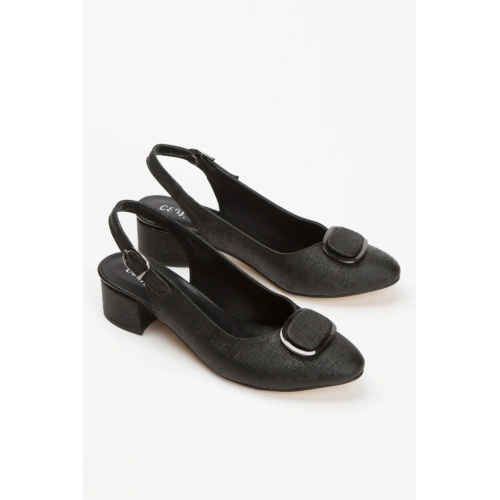 Kadın Siyah Parıltılı Arkası Açık Kısa Kalın Topuklu Şık Toka Detaylı ve Rahat Stiletto