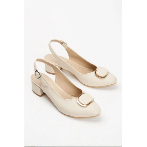 Kadın Bej  Arkası Açık Kısa Kalın Topuklu Şık Toka Detaylı  ve Rahat Stiletto