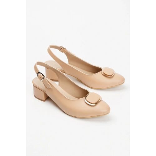 Kadın Nude   Arkası Açık Kısa Kalın Topuklu Şık Toka Detaylı  ve Rahat Stiletto