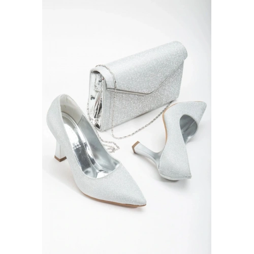 Kadın Gümüş Simli Şık Kadeh Topuklu Rahat Stiletto ve Çanta Kombini