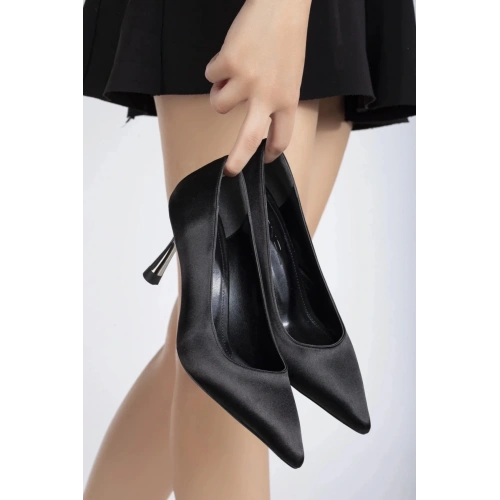 Kadın Siyah Saten Şık Tarz Topuklu Rahat Stiletto