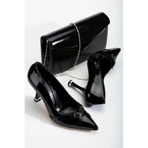 Kadın Siyah Şık Tarz Topuklu Çift Toka Detaylı Rahat Stiletto ve Küçük Çanta Kombini