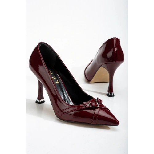 Kadın  Bordo Rugan  Şık Tarz Topuklu Çift Toka Detaylı  Rahat Stiletto