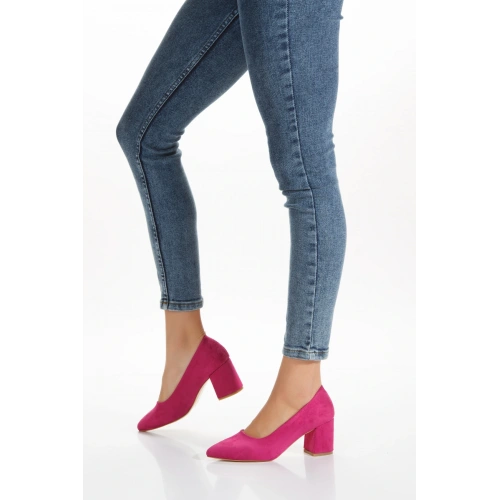 Kadın Fuşya  Yeşili Süet  Stiletto Kısa Kalın Topuklu Şık Stiletto