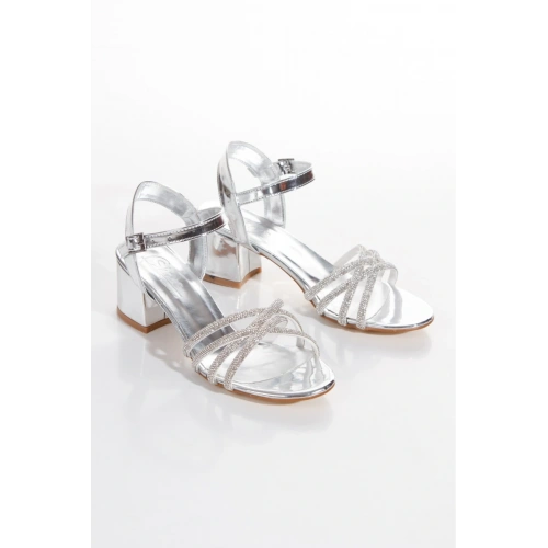 Kadın Gümüş  Abiye  Parlak Damla  Taşlı Baklava Desenli Arkası Açık Yazlık Şık ve Rahat Ayakkabı