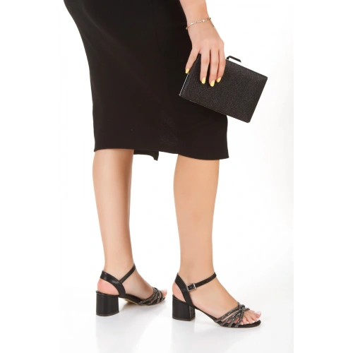 Kadın Siyah Abiye Parlak Damla Taşlı Baklava Desenli Şık Ayakkabı ve Çanta Kombini