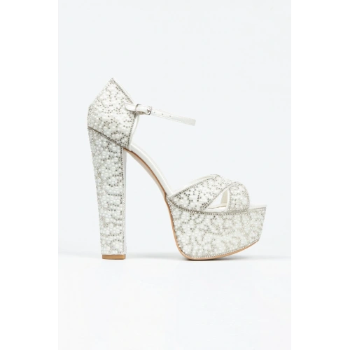 Kadın Sedef İnci Taşlı Yüksek Platform Arkası Kapalı Kalın Topuklu Rahat ve Şık Abiye Ayakkabı