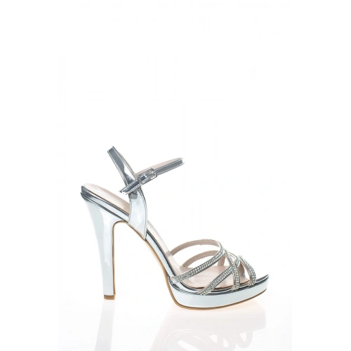 Kadın Gümüş Arkası Açık Parlak Damla Taşlı Platformlu İnce Topuklu Şık  Abiye Ayakkabı