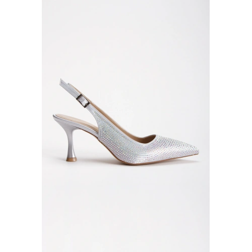 Kadın Gümüş 7 cm İnce Topuklu Şık Damla Taşlarla Bezenmiş Rahat Stiletto