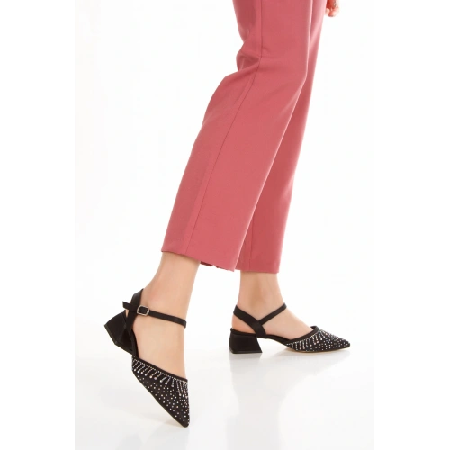 Kadın Siyah Süet  Şık Damla Taşlarla Bezenmiş Arkası Açık Rahat  Abiye Stiletto